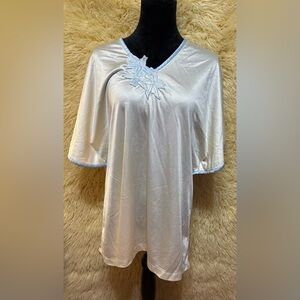 Vintage 70s Satin Lounge Top | Blue Floral Detail | No Tag | Slight Flaw